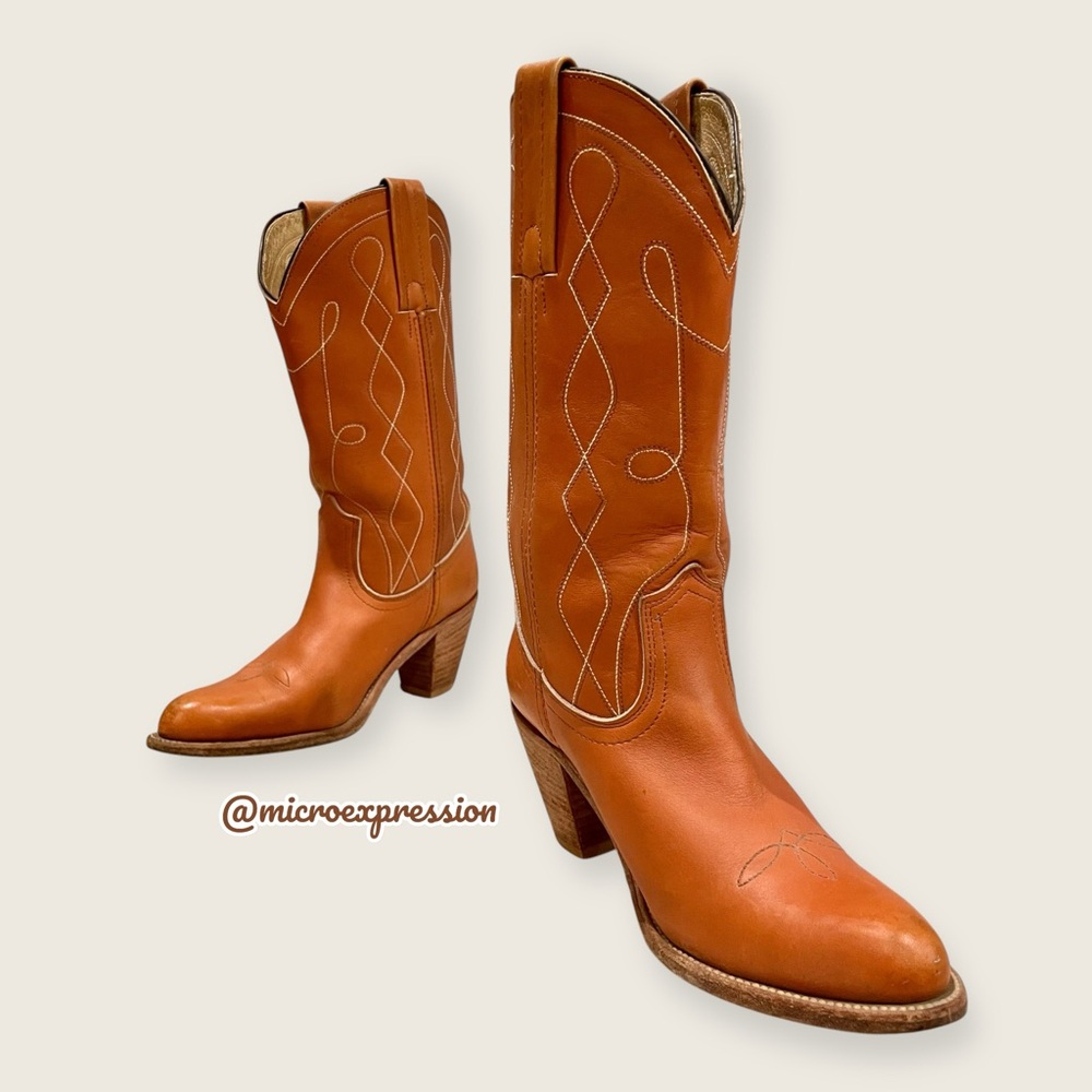 1980 VINTAGE Frye Swirl Stitch Embroidered Cognac Tan Brown Leather Cowboy Boot - Picture 2 of 11